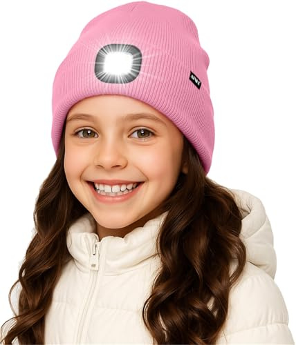 ATNKE Bambini LED Cappello con Luce,USB Ricaricabile 4 LED Luce Cappello da Corsa Invernale Calda Pile Foderato Berretto Lavorato Maglia Regali per Ragazzi e Ragazze/Pink