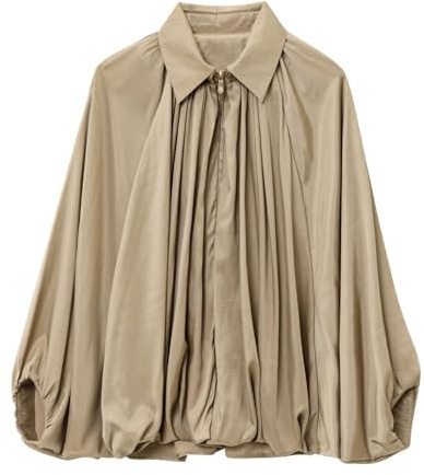 Xunger Women's Puffed Bomber Jacket Oversized Streetwear Casual Batwing Sleeve Lapel Collar Zip Front Pleated Shirts(1036-Khaki-M-RD)