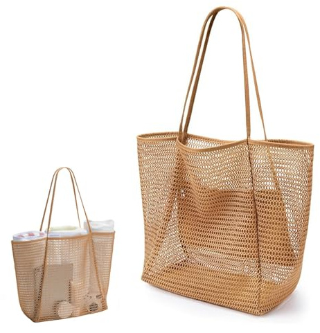 Cerioll Grand Sac De Plage En Maille Avec Fermeture Éclair, Sac Fourre Tout De Plage, Sachet De Plages Pliable En Filet Pour Femme Pour Voyage, Vacances, Piscine, Shopping Et La Vie Quotidienne