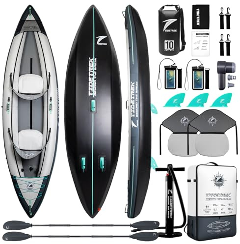 TIDETREK Inflatable Touring Kayak 1-Person & 2-Person with Waterproof Seat & Full Accessory Kit, Lightweight Recreational Kayak for Lake, River & Fishing (Storm Edge, 2-Person(Tandem))