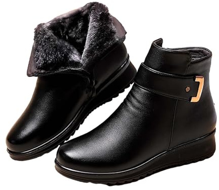 UK 5.5 Women's Black Low Wedge Heel Ankle Booties Faux Fur Lined Elegant Boots Soft Leather Side Zipper Sparkling Rhinestones Winter Warm Thickening Snow Boot Footwear Black 2