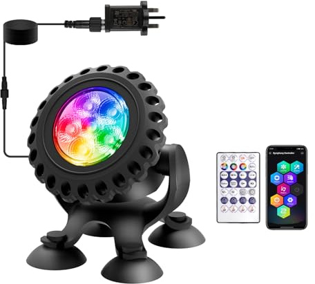T-SUN Colored Pond Lights with Timer,LED Underwater Pond Light Submersible Fountain Lights for Fish Tank Landscape Spotlight-Bluetooth APP & Remote Control,IP68 Waterproof,Aquarium,Yard (1 Head)