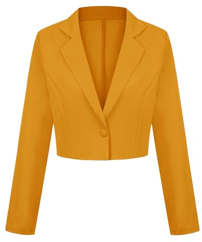 LADI TREND Blazer corto da donna con un bottone giacca blazer con risvolto dentellato casual elegante classico manica lunga abbigliamento da lavoro con risvolto, Y giallo terroso, L