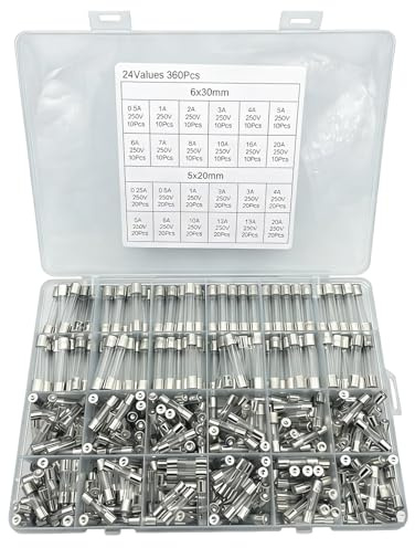 GOEDCH 360 Stück Glassicherung Set: 24 Values Nicht magnetisch 5x20mm und 6x30mm Schnellschlag Glassicherungen, 250v Feinsicherung Sortiment, für Elektronik Reparatur und Ersatzteile