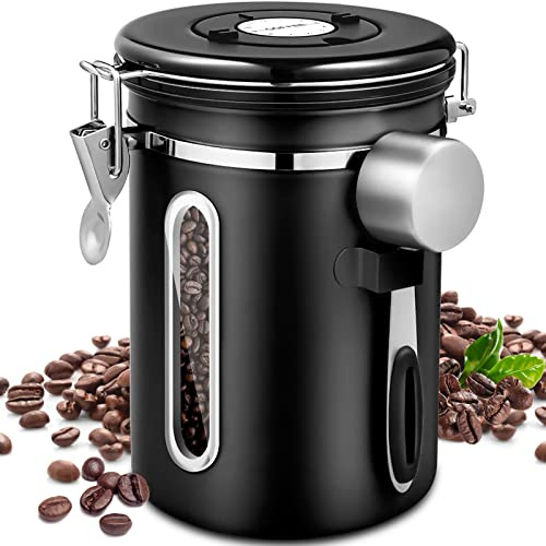 Purpledi 1.8L Barattolo Caffè Ermetico, Barattolo per caffè,Contenitore caffè Acciaio Inox,Lattina di caffè sottovuoto, con Un Quadrante della Data e Cucchiaio per Conservare Il caffè Fresco (A)