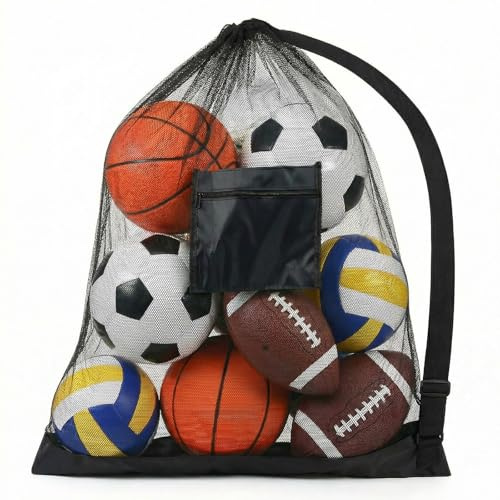 Heavy Duty Sports Ball Bag, Mesh Gym Bag, Drawstring Sport Equipment Storage Bags, Extra Large Football Mesh 100 x 75 cm Storage Bags with Pocket, Adjustable Shoulder Strap for Gym, Beach(Big)