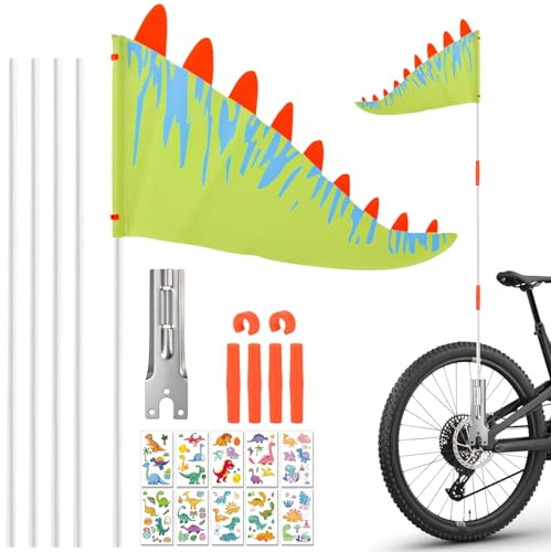 LTFIOON Drapeau Vélo Enfant, Fanion de Sécurité Réglable avec Support – Drapeau Triangulaire pour Vélo d‘Enfant avec 10 Autocollants Dinosaures, Motif Dino, Hauteur 36-166cm, Vert