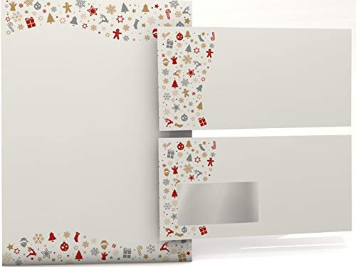 Weihnachtsbriefpapier Set | Weihnachtsfiguren | 50 Blatt Motivpapier A4 | 50 Briefumschläge OHNE FENSTER im DIN LANG-Format | Briefpapier Set