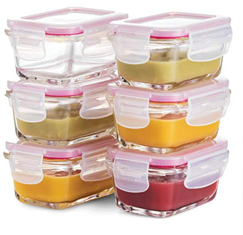 Superior Glass Baby Food Storage Containers 130ml(6-Pack) Airtight BPA-Free Locking Lids - Baby Glass Food Jars, Freezer, Microwave & Dishwasher Safe, Small Sauce Containers for Snacks & Dips