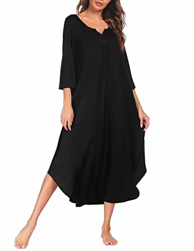 Ekouaer Nightgowns Long 3/4 Sleeve Lounge Dress Women Plus Size Loungewear V Neck Loose Full Length Maxi Sleepshirt Black, X-Large