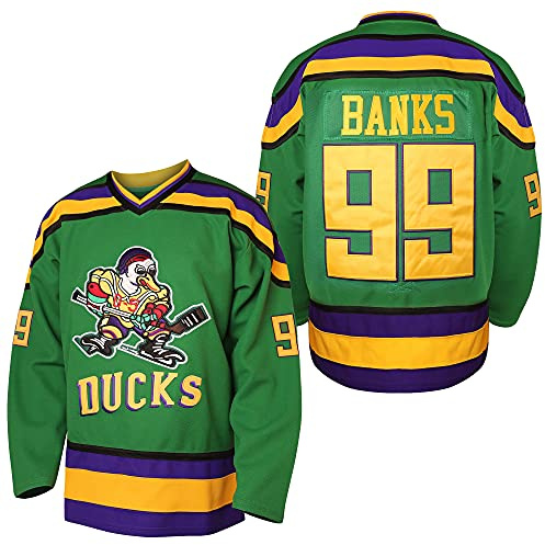 Villa EETUG Mighty Ducks Trikot #96 Charlie Conway #99 Adam Banks #33 Greg Goldberg #66 Gordon Bombay Film Hockeytrikot Weiß Grün, 99 Grün, XL
