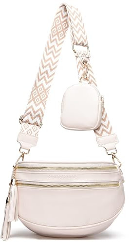 KUNKUN bauchtasche damen umhängetasche damen groß brusttasche Beige crossbody bag damen breiter gurt 5CM veganes leder mit münzgeldbörse