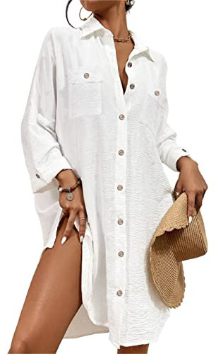 Bsubseach Sommer Strandkeid für Frauen Button Down Strand Shirt Kleid Badeanzug Cover Up V-Ausschnitt Strandponcho Bademode Resort Wear Weiß L