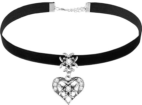 Herdear Bierfest Damen Trachtenkette Herz Edelweiß Halskette Elegantes Kropfband mit Strasssteinen Herz und Edelweiß Anhänger(Schwarz)