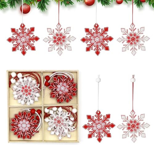 Christmas Snowflakes Ornaments, Wooden Christmas Tree Decorations, 12Pcs Snowflake Wooden Pendants Decorations, Red & White Snowflke Christmas Tree Ornaments for Xmas Party Accessories Y9HBXHGJ