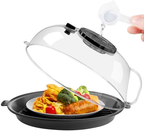 Microwave Splatter Cover Lid for Food 10.2 Inch with Water Steamer, Clear Microwave Splash Guard Cooker Lid with Plate, Dish Bowl Plate Serving Cover Cookware High Transparent Plastic Black