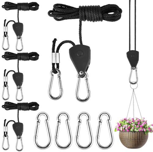 Lot de 4 Cordes à cliquet avec Crochet, poulie avec Frein de Corde, tendeur de Corde réglable de 2 m, capacité 75 kg. Parfait pour tendeur Voile ombrage, Corde pour Camping et poulie Voile ombrage.