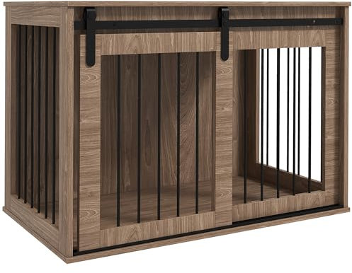 PawHut Caseta para perros grandes de madera para interior, Kennel para perros multiusos con puerta corredera, 98 x 58 x 61 cm, marrón