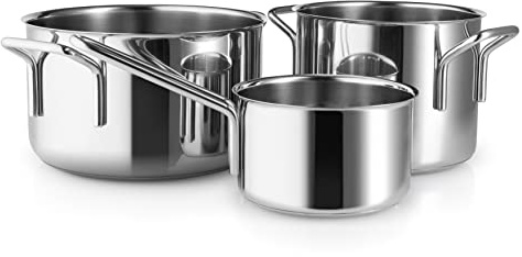 Eva Trio Stainless Steel Pot Set 3 Pieces 1.1 L 2.2 L 3.6 L Complete Pot Set that Covers Every Need for Daily Cooking Polished Steel