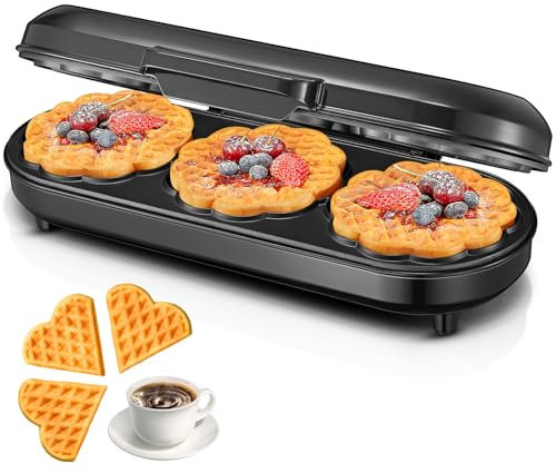 Gofrera triple con 3 superficies antiadherentes, 15 gofres de corazón listos en 2 minutos, lámpara para gofres de corazón clásicos, acero inoxidable, 1200 W, negro y plateado, ideal para FAM