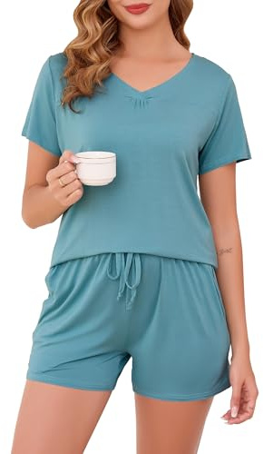 Vlazom Pijama Mujer Verano de Algodon, Conjunto de Pijama Corto Mujer de 2 Piezas, Ropa de Dormir de Camiseta y Pantalones Corto con Cuello en V(L,Verde Claro)