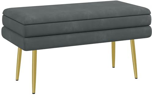 HOMCOM Banc de Rangement, Bout de lit, Coffre de Rangement avec Assise Aspect Velours et Pieds Acier, 79,5 x 37,5 x 43 cm, Gris foncé et doré