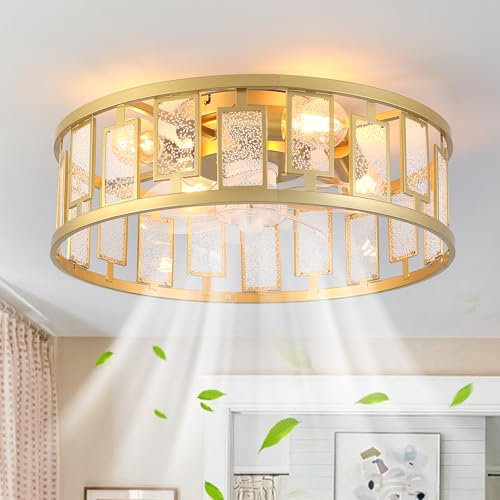 Ganeed Ventilador de techo enjaulado con luces, estilo de cristal, iluminación de techo de bajo perfil, lámpara de montaje empotrado E27 con control remoto, cuadrado dorado, 4 luces