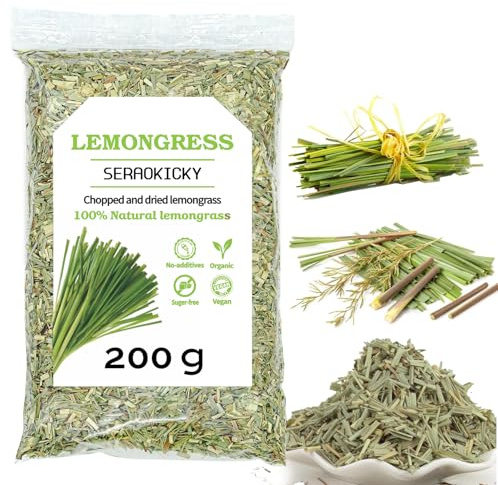 Citronnelle - Lemongrass - 200 g de citronnelle séchée et coupée - Thé à la citronnelle 100% bio et naturel - Goût délicat de citron - Pour le bricolage, le thé, la pâtisserie, le savon, la cuisine
