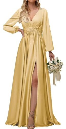 Abiti da damigella d'onore a maniche lunghe per matrimonio pieghe in raso formale da sera abito maxi con fessura AH165, Oro, 46