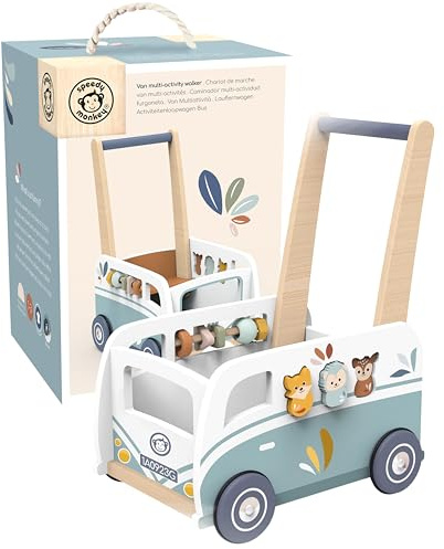 SPEEDY MONKEY Van Multi-Activity Walker for Toddlers 12m+ | Wooden Baby Walker & Activity Station for Kids & Preschoolers | Animal Shape Sorter & Early Learning Push Toy for Boys & Girls