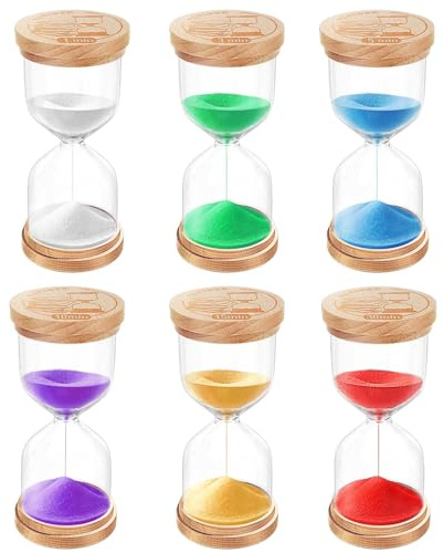 Sand Hourglass Timer Set: 1/3/5/10/15/30 Minutes Sand Clock, Colorful Wooden SandWatch Hour Glass, Small Sandglass Timer for Classroom, Home Decorative, Games (6 pcs)