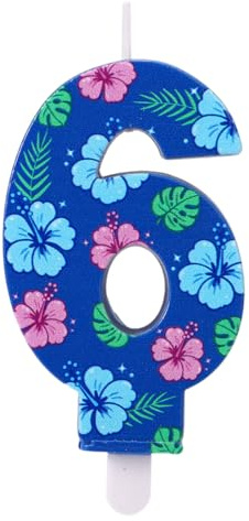 Vela Azul con el Número para Cumpleaños, Adorno Pastel con Temática Hawaiana y Diseño floral para Niños y Niñas Artículos de Decoración Fiestas (Número 6)