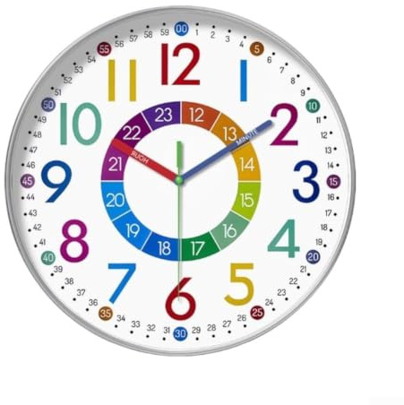 ZWEquipint Färgrik analog väggklocka 20 cm tyst kvartsrörelse för barn, lärande, klassrum, sovrum, barnkammare, dekoration, utbildning (ET102)