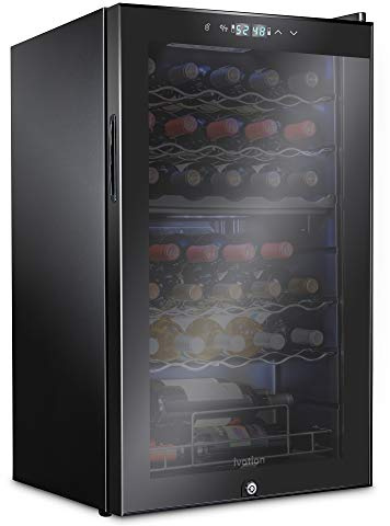 Ivation 33 Bottle Dual Zone Wine Cooler Refrigerator w/Lock | Large Freestanding Wine Cellar For Red, White, Champagne & Sparkling Wine | 41f-64f Digital Temperature Control Fridge Glass Door Black