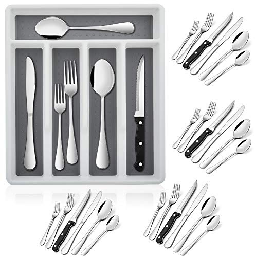 E-far 24-Piece Silverware Set with Organizer Tray and Steak Knives
