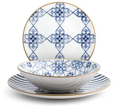 H&H Madeira Servizio Tavola 18 Pezzi, Stoneware, Blu/oro