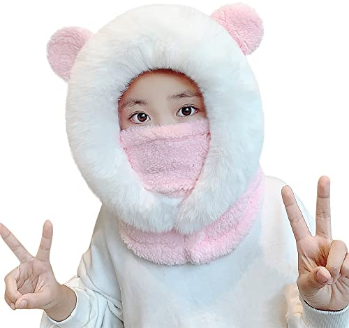3 In 1 Kids Winter Hat Scarf Mask Set Boys Girls Faux Fur Balaclava Ski Hat Thermal Full Face Cover Cap Neck Warmer Hood Windproof Fleece Hat for Children Skiing Snowboard Cycling Outdoor Age 4-9