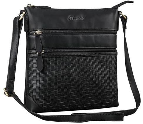 Benthill Echt Leder Umhängetasche | Damen Schultertasche aus Rindsleder | Schmale Vintage Damen Handtasche mit geflochtenem Muster, Farbe:Schwarz