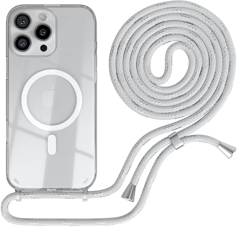 EAZY CASE - mobilkedja kompatibel med iPhone 16 Pro Max, kedja för upphängning, stötsäkert mobilskal för iPhone 16 Pro Max, silikonskal med rem, transparent mobilskal i Vit