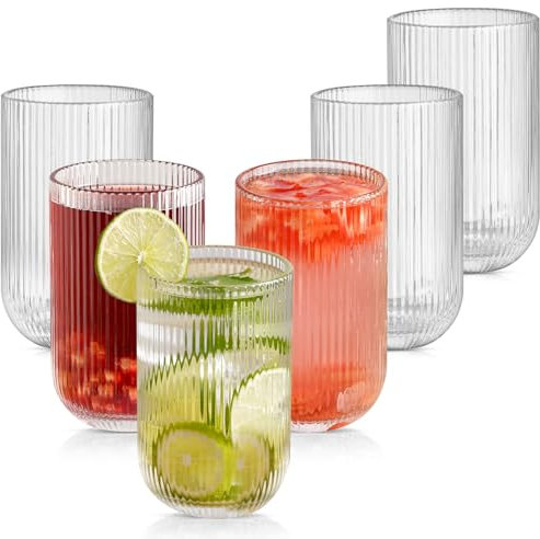 TKNO 6X 410ml Ribbed Highball Glasses Tall Hi Ball Glass Water Gin Juice Cocktail Drinking Glassware Origami Style Fluted Ripple Beverage Tumblers Set, Ideal for Home, Restaurant, Events & Parties