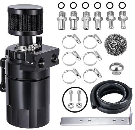 EVIL ENERGY Oil Catch Can, 300ML Baffled Oil Can with Breather Filter, Universal Aluminum Air Oil Separator Breather Tank with 3/8 ID 5FT NBR Fuel Hose Kit