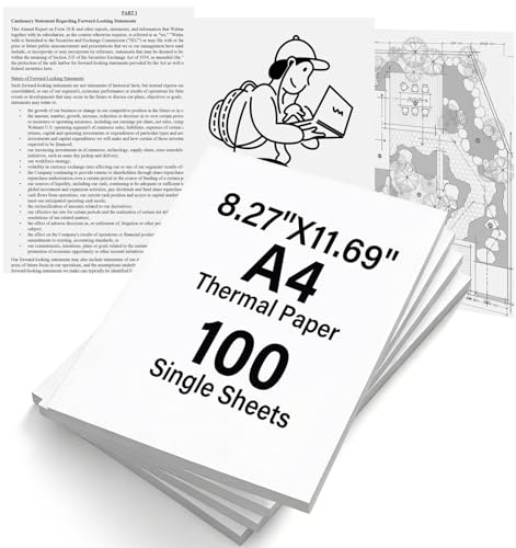 (100 Hojas) Papel Térmico A4, Compatible con la Mayoría de Impresoras Térmicas A4 (210x297 mm), Sin BPA, Papel Térmico de Secado Rápido, Papel Termico Impresora a4 para Documentos, Fotos, Etiquetas