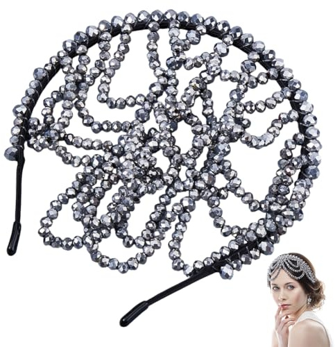 CABODYALS Diadema de Malla Sintética Negra con Diamantes de Imitación, con Cuentas de Cristal, Estilo Recogido, Estilo Charlestón, con Brillantes Adornos Vintage, Cadena para la Cabeza, Diademas con D