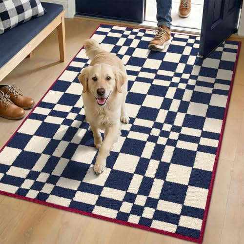 Biscpro Checkered Grid Checkerboard Dirt Trapper Indoor Doormat,80x120cm Welcome Door mat,Non Slip Door Mats Indoor,Washable and Absorbent Low-Profile Entryway Rug for Hallways,Kitchen,Laundry(Blue)