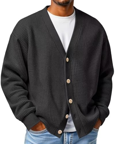 Mens Cardigan Sweater Long Sleeve, Casual V Neck Button down Waffle Knitted Sweater, Waffle Cardigan Sweaters for Men (Black,5XL)