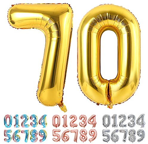 Ponmoo Foil Balloon Number 70 Gold, Giant Numbers 0 1 2 3 4 5 6 7 8 9 10-19 20-29 30-39 40-49 50-60-70-80-90-100, Large Balloons for Wedding Anniversary Birthday Party Decoration