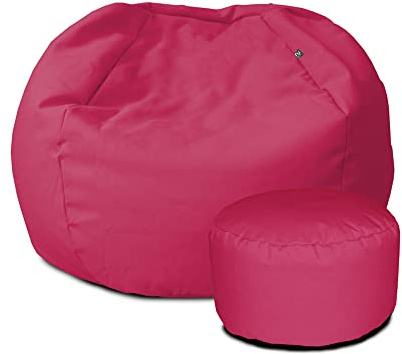 rucomfy Beanbags Small Kids Indoor/Outdoor Bean Bag. Children's Outside Garden Chair. Pre-Filled Water Resistant & Durable. 50cm x 65cm (Pink, with Footstool)