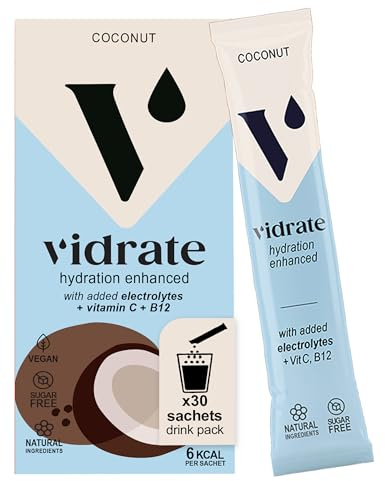 Vidrate Electrolytes Powder - Hydration Sachets Packed with Vitamins - Zero Sugar Rehydration Sachet with No Artificial Sweeteners & Preservatives - Coconut Large Pack, 30 Electrolytes Sachets