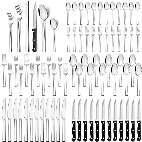 Joyfair - Set di posate da 12 persone, in acciaio inox, 72 pezzi, con coltello da bistecca, posate lucidate a specchio, posate da tavola moderne ed eleganti, lavabili in lavastoviglie