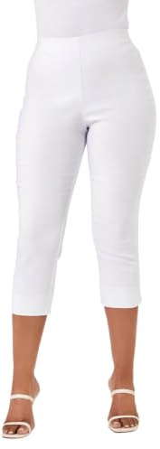Roman Cropped Trousers for Women UK Ladies Capri Leggings Summer Pants Short Crop Stretch 3/4 Length Three Quarter Pedal Pusher Clothes Elasticated Bengaline Cut Off - Petite White - Size 16